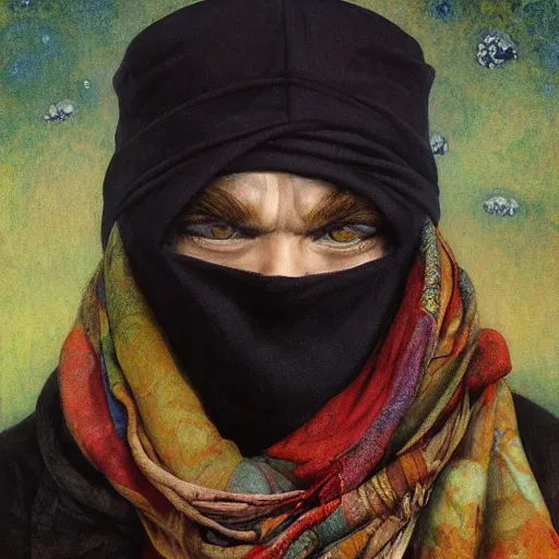 Prompt: a portrait of a ninja male lizard with human eyes wearing a scarf, titian, sam spratt, maxfield parrish, gustav klimt, tom bagshaw, mark ryden, alphonse mucha, rembrandt, high quality, painting, oil