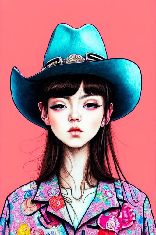 Image similar to girl wearing cowboy hat, style of yoshii chie and hikari shimoda and martine johanna, highly detailed