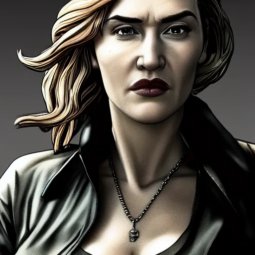 Image similar to kate winslet portrait, borderlands, tales from the borderlands, the wolf among us, comic, cinematic lighting, studio quality, 8 k