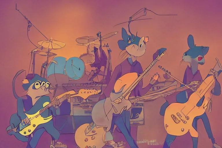 Prompt: rats playing in a rock band inspired by the beatles, art style by disney, studio ghibli, pixar, intricated, beautiful, dreamlike, 7 0 s pallete, high quality, trending on artstation