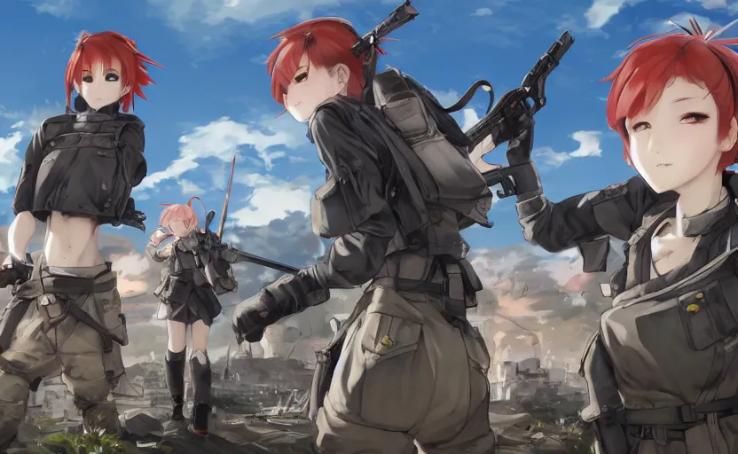 Prompt: panoramic view, girl, soldier clothing, battlefield in background, anime style, red short hair, hair down, symmetrical facial features, combat googles, from arknights, hyper realistic, 4 k, extreme detail, detailed drawing, trending artstation, safebooru, realistic lighting, by alphonse mucha, greg rutkowski, anime eyes, sharp focus