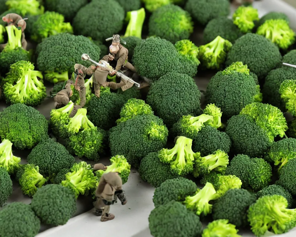 Prompt: close-up, hi-res photo of miniature toy soldiers operating a tank made out of broccoli.