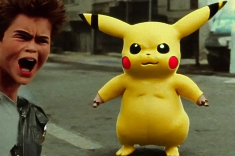 Prompt: Terminator Pikachu scene where his endoskeleton gets exposed still from the film, 1980s