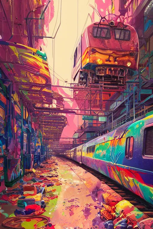 Image similar to trains covered in dripping colorful graffiti paint, painterly, james jean, yoshitaka amano, hiroshi yoshida, moebius, loish, artgerm, painterly, symmetrical, ultra detailed, hyper realistic, illustration, sunset lighting