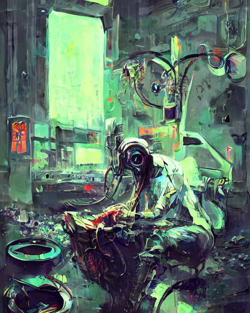 Image similar to neon surgery machine cyberpunk futuristic, reflective engine, decorated with traditional ornaments in a white room with piles of garbage by ismail inceoglu dragan bibin hans thoma, perfect face, fine details, realistic shaded, fine - face, pretty face