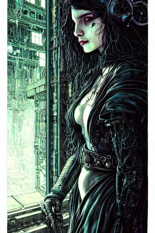 Image similar to dreamy cyberpunk girl in vr headset, black long hair, heavy metal robe, beautiful woman, detailed acrylic, grunge, intricate complexity, by dan mumford and by alberto giacometti, arthur rackham