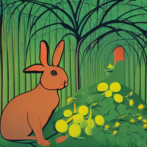 Prompt: rabbit in the vegetable garden by eyvind earle and john audubon
