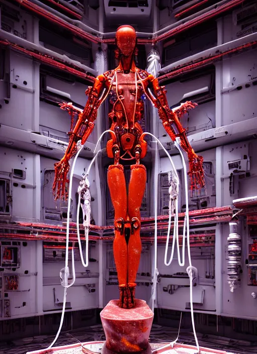Prompt: , high detailed space station interior, a statue jesus on cross made of red marble, perfect symmetrical body, full body shot, inflateble shapes, wires, tubes, veins, white biomechanical, wearing epic bionic cyborg implants, masterpiece, intricate, biopunk, vogue, highly detailed, artstation, concept art, cyberpunk, octane render
