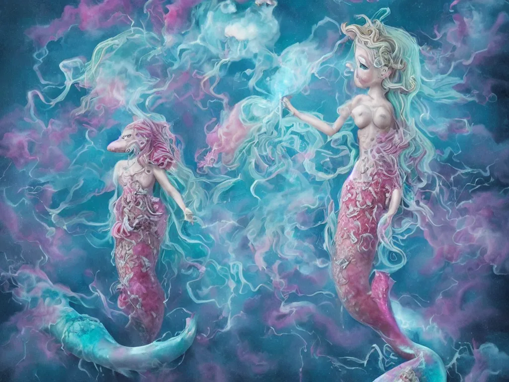 Image similar to Blue and pink fairy floss clouds in ice cream cones that explode into fire crackers and then the fire cracker sparkles settle into lines of cocaine and a dragon snorts a line and breathes fire that melts into acid and drips into a beaker that a mermaid drinks and then she turns into a demon mermaid and starts to glow by Mark Ryden