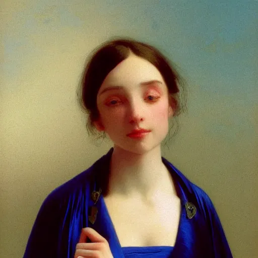 Image similar to a young woman's face, her hair is white and she wears a cobalt blue satin cloak, by ivan aivazovsky and syd mead and moebius and gaston bussiere and roger dean and pieter claesz and paul delaroche and alma tadema and aelbert cuyp and viktor vasnetsov, hyperrealistic, volumetric light, octane render