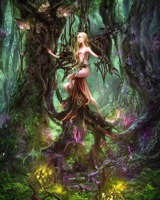 Image similar to a doomed fairy walking towards a ravenous, horrific portal to hades embedded in a creepy tree in a densely overgrown, magical jungle, fantasy, dreamlike sunraise, stopped in time, dreamlike light incidence, ultra realistic