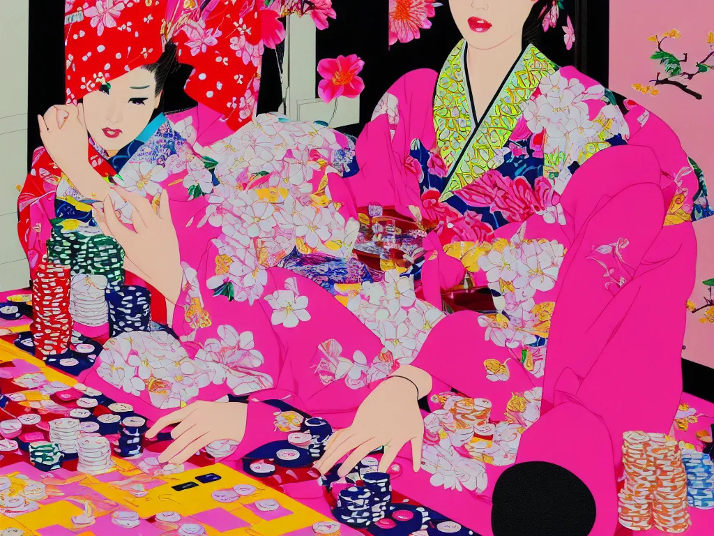 Image similar to hyperrealism composition of the detailed single woman in a japanese kimono sitting at an extremely detailed poker table with barbie, fireworks and sakura tree on the background, pop - art style, jacky tsai style, andy warhol style, acrylic on canvas