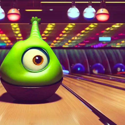 Image similar to Mike wazowski sat in a rack of bowling balls, at the bowling alley, middle lane, Pixar animation, soft lighting, 4k