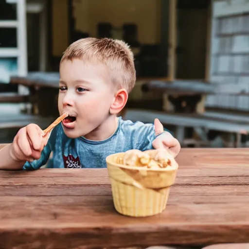 Image similar to little amber boy eating ice cream by a wooden table