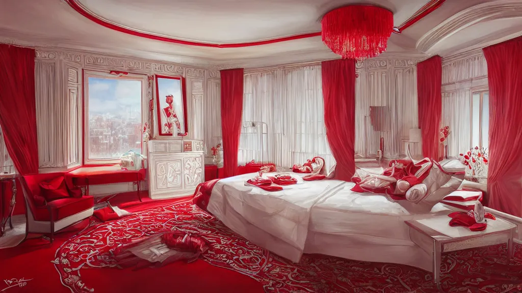 Prompt: art deco bedroom, red and white, ultra detail, photoreal, bright colors, professionally retouched, wide angle, 8 k high definition, insanely detailed, intricate, elegant, art by artgerm and wlop