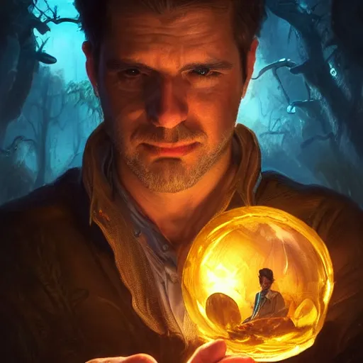 Image similar to man holding he's soul in a jar portrait, backlight, rim lighting, deep focus, d & d, fantasy, intricate, elegant, highly detailed, digital painting, artstation, concept art, matte, centered, sharp focus, illustration, hearthstone, art by artgerm, greg rutkowski and alphonse mucha