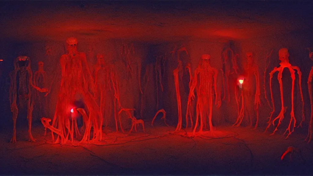 Image similar to the creature in the basement, made of glowing wax! and bone and blood, bioluminescence, surrounded by animals, film still from the movie directed by denis villeneuve and david cronenberg with art direction by salvador dali and zdzisław beksinski, wide lens