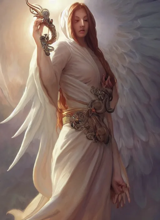 Image similar to holy cephalopod with long flowing white robe angelic wings and a single large knowing eye with long powerful tentacles, highly detailed, digital painting, artstation, concept art, matte, sharp focus, illustration, dramatic, sunset,hearthstone, art by Artgerm and Greg Rutkowski and Alphonse Mucha