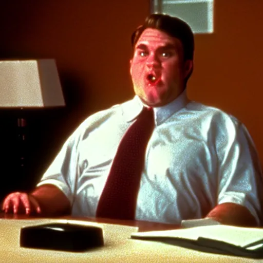 Image similar to clean - shaven chubby white man wearing a shirt and necktie sitting at a desk making a goofy face, 1 9 8 9 movie still, cinematography, cinematic lighting