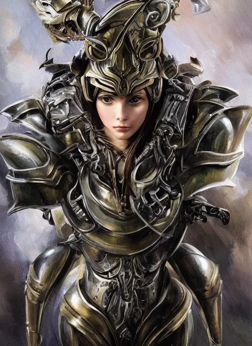 Prompt: a professional painting of a beautiful young female, wearing a metallic dragon-shaped helmet, clothed in battle armor, with mechanical dragon wings, olive skin, long dark hair, beautiful bone structure, symmetrical facial features, intricate, elegant, digital painting, concept art, smooth, sharp focus, illustration, from Metal Gear, by Ruan Jia and Mandy Jurgens and Greg Rutkowski and Artgerm and William-Adolphe Bouguerea