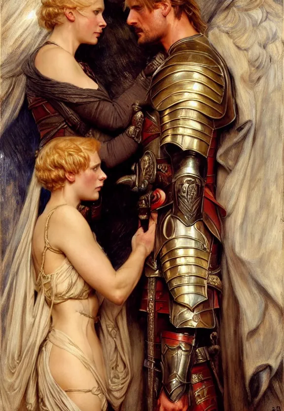 Image similar to attractive handsome fully clothed jaime lannister confesses his love for attractive fully armored brienne of tarth. highly detailed painting by gaston bussiere and j. c. leyendecker 8 k