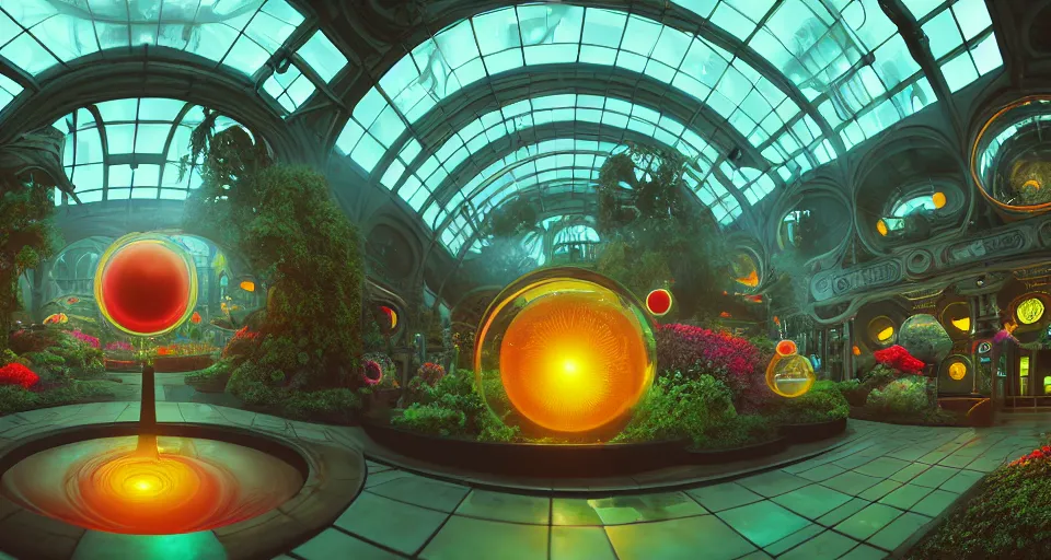 Image similar to fish eye lens a bright minimalist bioluminescent 3 d render by beeple, warm coloured, cinematic scifi luxurious futuristic foggy steam filled victorian garden mall interior with microscopy radial windows flowers growing out of pretty bulbous ceramic fountains, gigantic pillars and flowers, maschinen krieger, star trek, star wars, ilm, atmospheric perspective