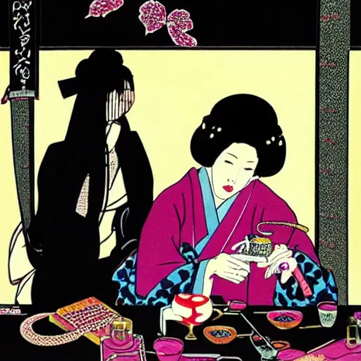 Image similar to Japanese beauty wrapped in a snake having tea with her husband by Toshio Saeki, high detailed