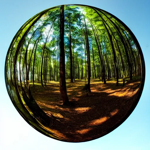 Prompt: a floating mirror sphere in a forest