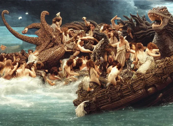 Image similar to godzilla attacking the raft of the medusa, painting by lawrance alma - tadema, 4 k, hyper - realistic, highly detailed