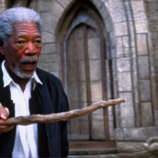 Prompt: still of morgan freeman in harry potter as harry holding a wand