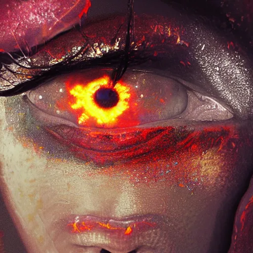 Prompt: Photorealistic fire in her eyes. Hyperdetailed photorealism, 108 megapixels, amazing depth, glowing rich colors, powerful imagery, psychedelic Overtones, 3D finalrender, 3d shading, cinematic lighting, artstation concept art