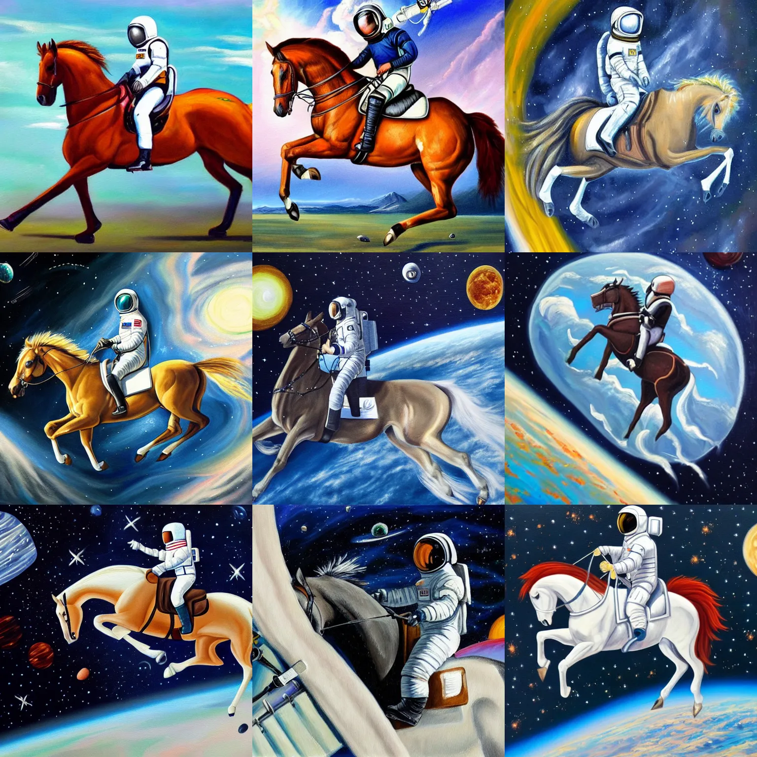 Prompt: a painting of a horse riding on an astronaut in space