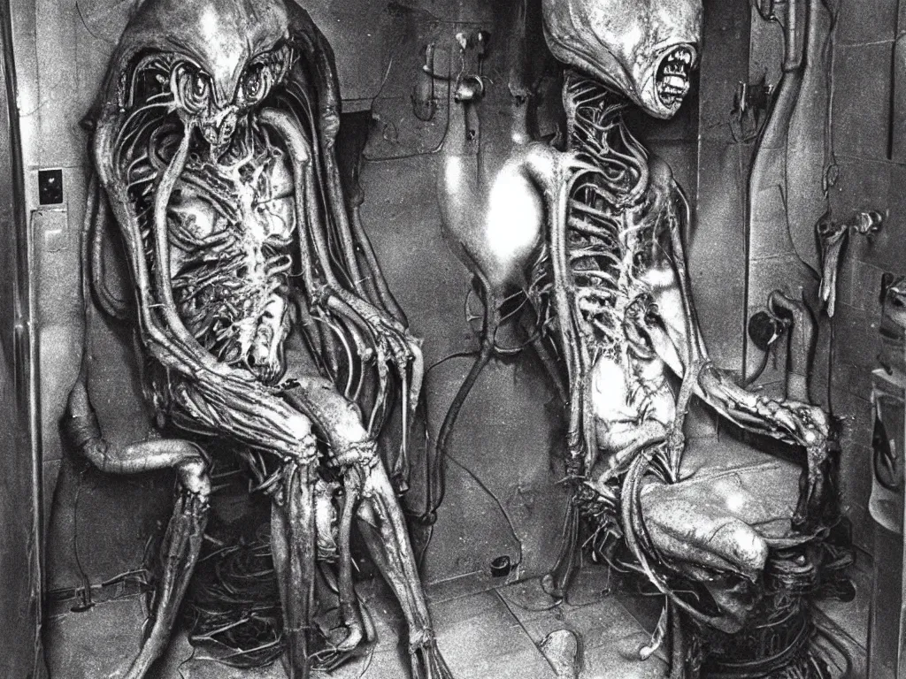 Prompt: HP Lovecraft H.R. Giger alien sitting on the toilet. Color photograph from 1990’s color sci-fi film.