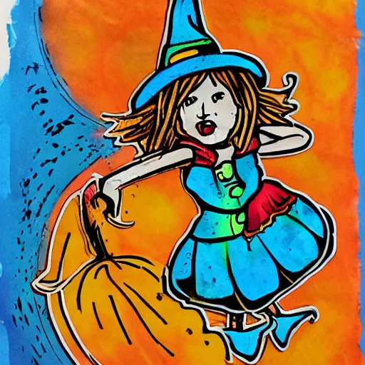 Prompt: colorful printmaking of a witch flying