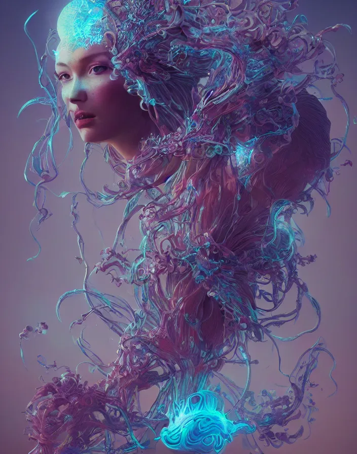 Image similar to goddess portrait. jellyfish orchid phoenix head. intricate artwork by Tooth Wu and wlop and beeple and dan mumford. octane render, trending on artstation, greg rutkowski very coherent symmetrical artwork. cinematic, hyper realism, high detail, octane render, 8k, depth of field, bokeh