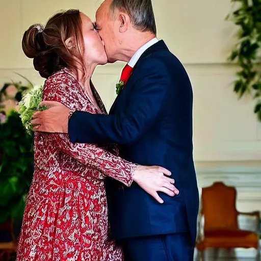 Image similar to a wedding photo of Donald Tusk and Jaroslaw Kaczynski kissing each other, high quality