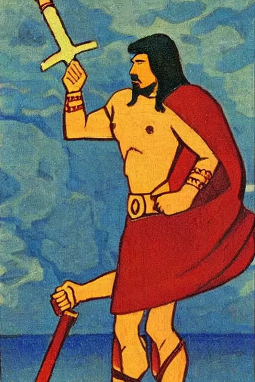 Image similar to thor with hammer, marvel, artwork by nicholas roerich,