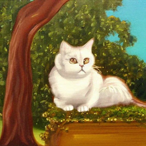 Image similar to cat sitting under the tree, rococo oil painting