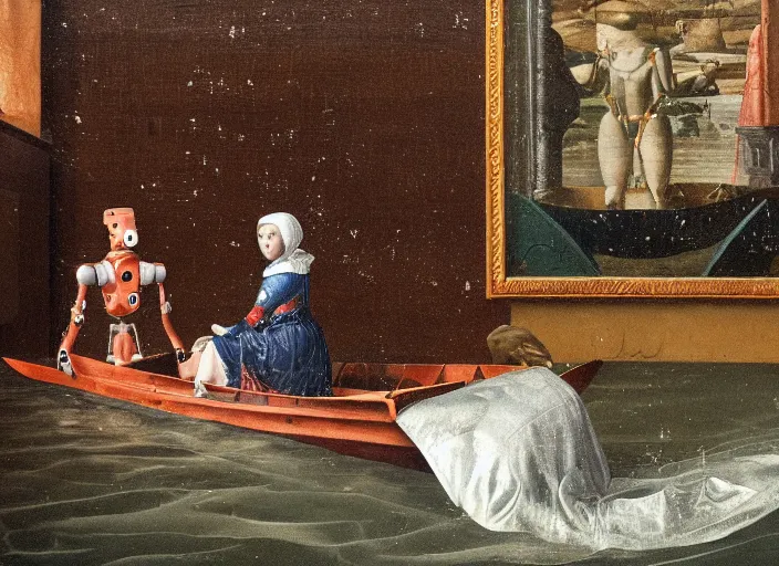 Image similar to a portrait of a robot sitting in a small boat in a renaissance room flooded with water,