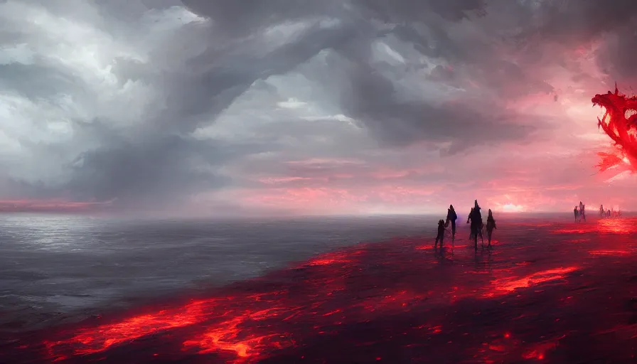 Image similar to bloody river in hell, by greg rutkowski, people walking into the horizon, red river, dragon flying in sky, thunderstorm, trending on artstation