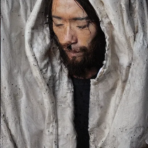 Image similar to a full body lookbook portrait of modern - day jesus wearing cream fear of god menswear collection by nicola samori, hat and hoodie, detailed, oil painting, hyper realistic, 8 k, yeezy collection