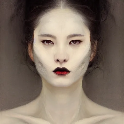 Image similar to yanjun cheng portrait of a beautiful dark fae woman, with black lips, gray mottled skin, black feathers instead of hair, feathers growing out of skin, modestly clothed, intricate, detailed, symmetric face, by wlop and karol bak and bouguereau and viktoria gavrilenko