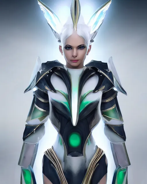 Image similar to perfect white haired attractive egyptian goddess, warframe armor, beautiful, symmetric, dreamy, half asian, pretty face, green eyes, charlize theron, detailed, scifi platform, laboratory, experiment, 4 k, ultra realistic, epic lighting, android body, illuminated, cinematic, masterpiece, art by akihito tsukushi, voidstar