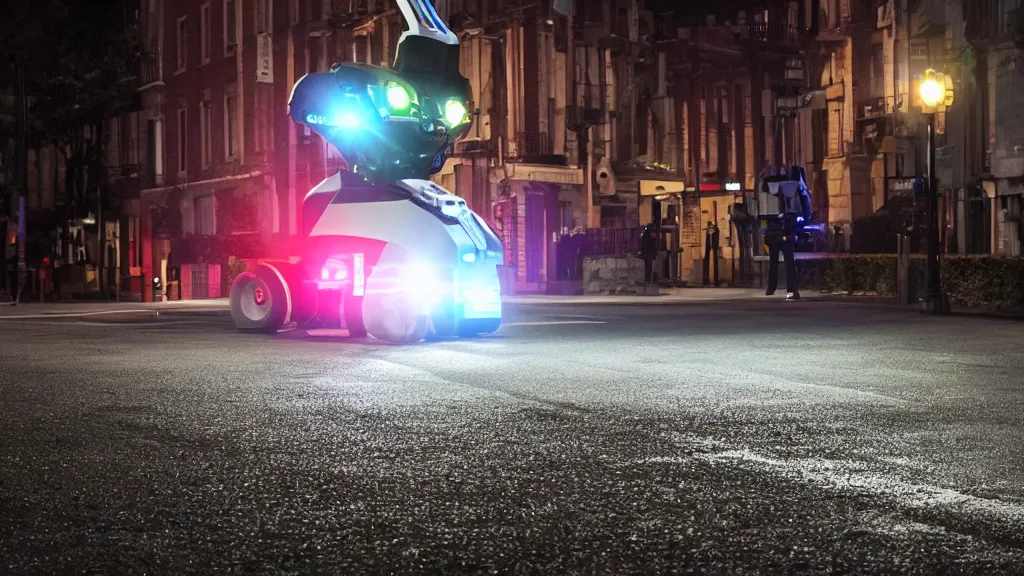 Prompt: a night shot of a police robot guarding a street. bloom light effects.