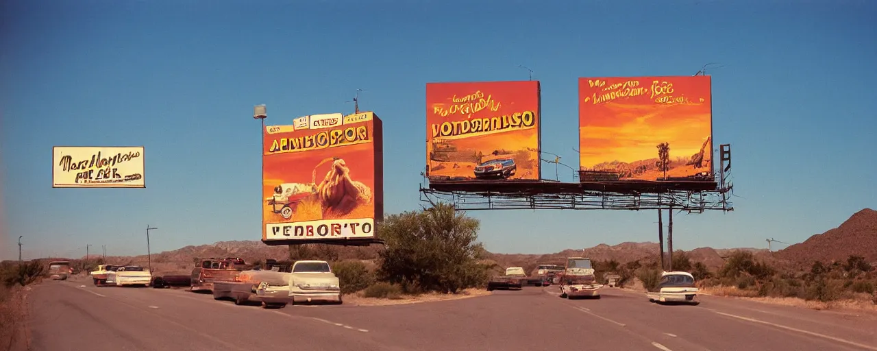 Image similar to spaghetti billboard advertisement, highway 5 0, arizona, sunset, canon 2 0 mm, f 1. 8, kodachrome, in the style of wes anderson