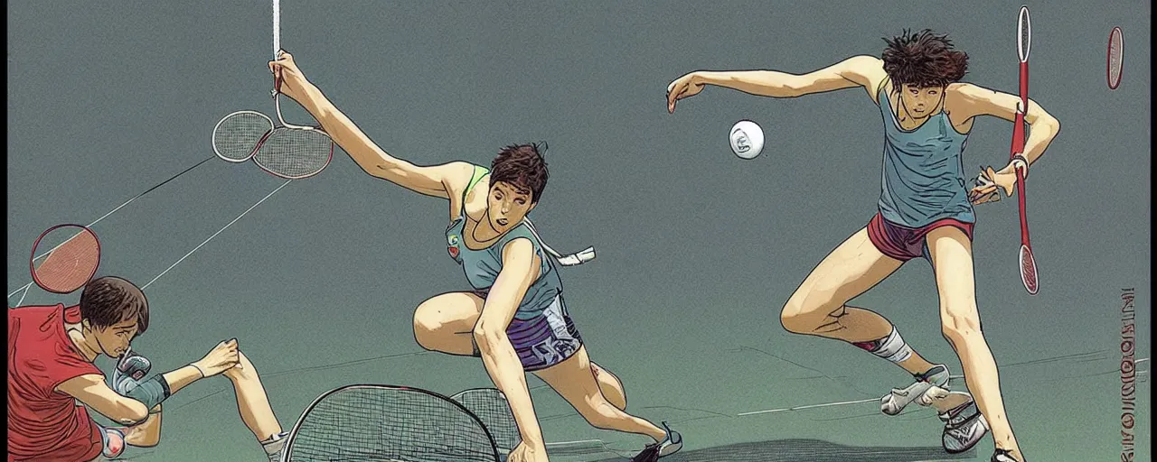 Prompt: badminton: deadly sport of titans by Moebius