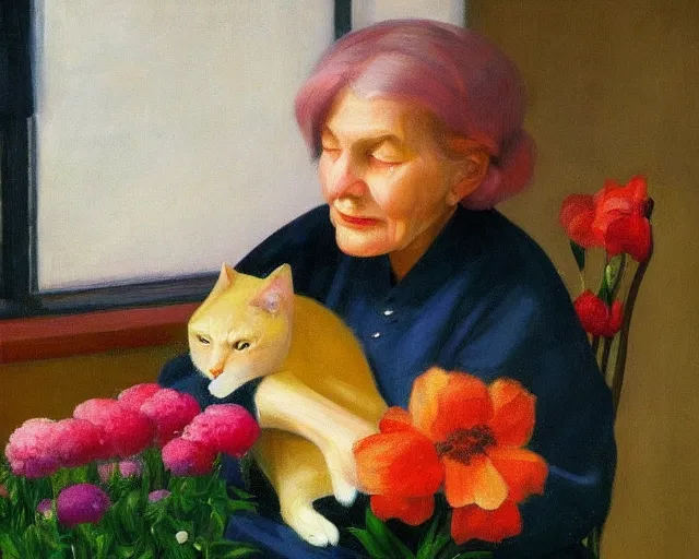 Image similar to detailed portrait of a peaceful old lady and her cat made out of flowers, Edward Hopper, sharp high quality