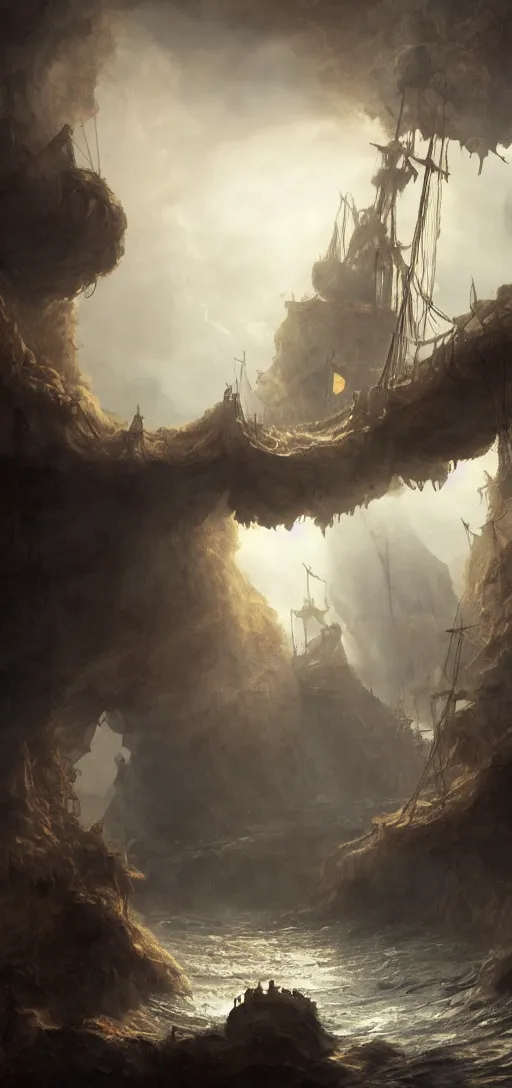 Image similar to matte painting of a sunken pirate ship in a cave, sails and rigging on fire, dramatic light, sunlight cones from an hole above, heavy fog, 8k, very detailed, concept art