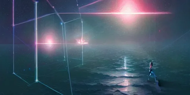 Image similar to beautiful glowing cubes all interconnected to each other with tubes, atmospheric lighting, intricate, volumetric lighting, beautiful, sharp focus, ultra detailed, in the art style of bowater, charlie, brom, gerald, lake baikal in the background, astrophotography