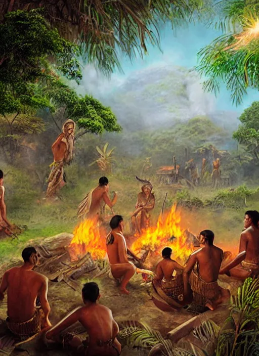 Image similar to a beautiful matte painting of an indigenous tribe around a fire in the jungle,